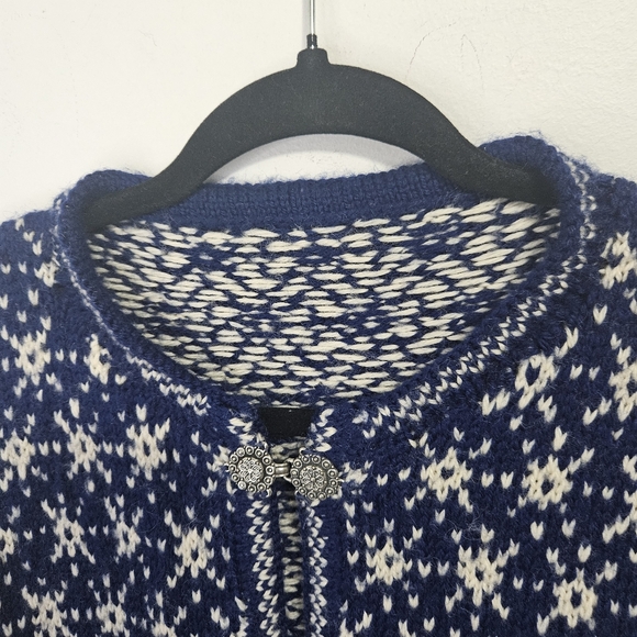 Vintage Hand Knit Norwegian Cardigan Sz L Nordic Lice Blue - Picture 8 of 16